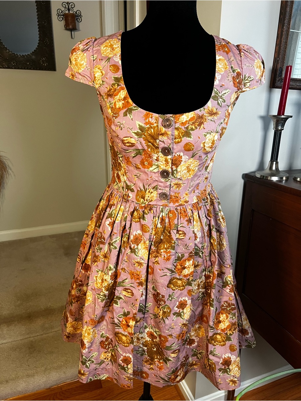 Monteau Mauve Floral Fit & Flare Mini Dress Puff Cap Sleeve Size S